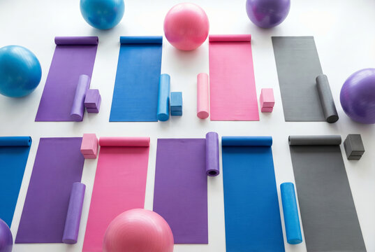 Colorful yoga mats exercise balls foam rollers and blocks arranged in rows on white floor
