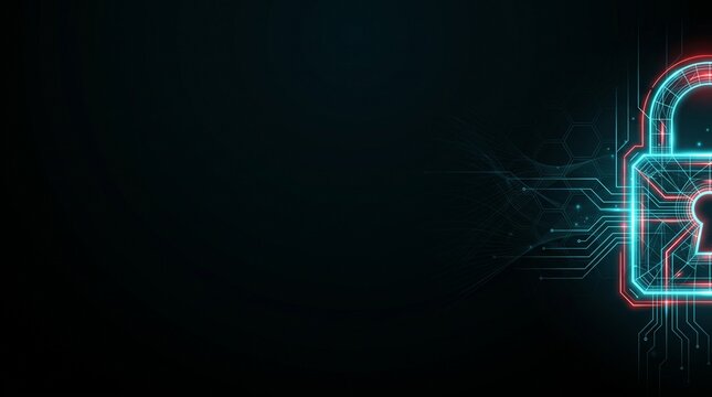 Minimalist Futuristic Cybersecurity Background with Glowing Digital Lock Wireframe and Wide Copy Space