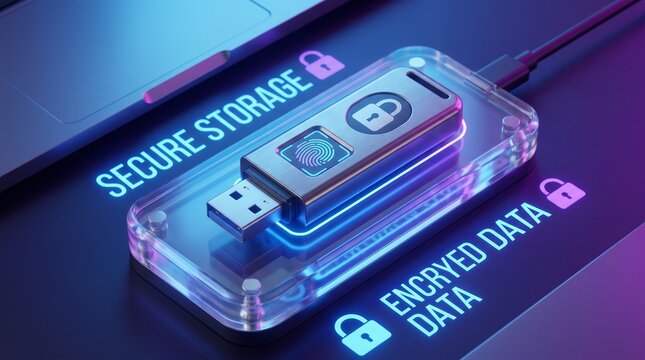 Encrypted usb storage device with secure data with device fingerprint lock lock icons technology protection encryption safeguard security computer defense safety with coding