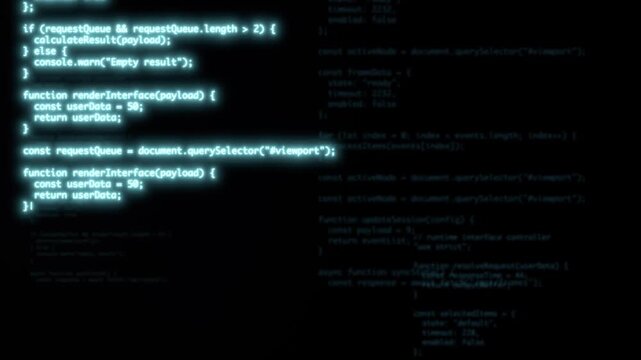 Animated glowing programming code lines appear and highlight on a dark background. Smooth wave movement creates glowing light and atmospheric depth.