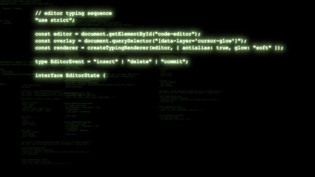 Code editor interface displays JavaScript code typing line by line with a glowing green cursor on a dark background. Animated scene combines text lines and code syntax with glowing light.