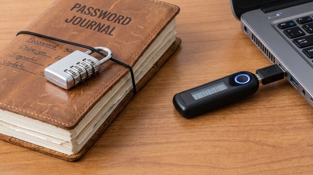 Password journal padlock and authenticator on wooden desk with black authenticator device two factor authentication desk next laptop password manager leather journal cybersecurity