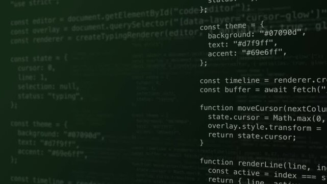 Close-up animation of JavaScript code lines with syntax highlighting on a dark green background. Interface motion and slight blur create a modern digital atmosphere.