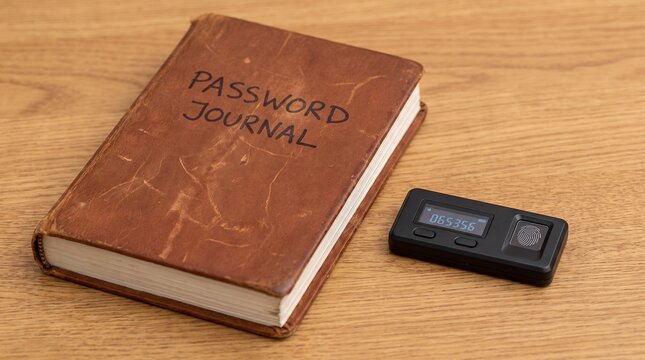 Password journal and authenticator device on wooden table with device sit authentication credentials protection technology furniture security safety gadget login