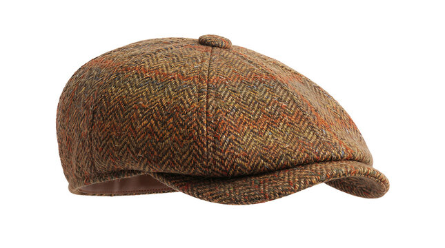 Herringbone patterned flat cap in shades of brown and orange, featuring a rounded crown and curved brim isolated on transparent background