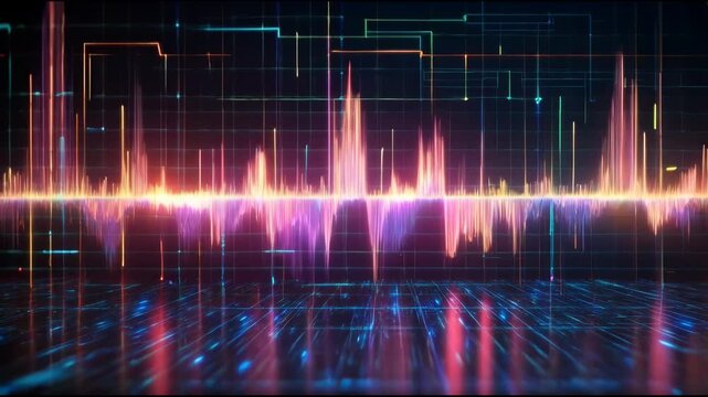 Colorful Audio Waveform with Glowing Light Reflection Across Dark Digital Grid Visualization