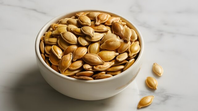 Toasted pumpkin seeds served in a minimalist white ceramic bowl on a smooth marble table top