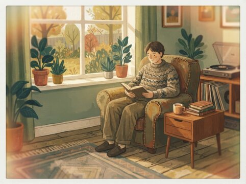 Young Man Sitting on Sofa Reading a Book at Home, Relaxed Lifestyle and Leisure Activity in a Cozy Living Room:::