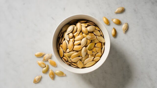Roasted pumpkin seeds served inside a small white ceramic bowl on a smooth light marble surface