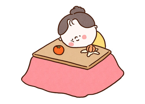 Woman dozing off while eating a mandarin orange at a kotatsu, relaxing japanese new year holiday concept
