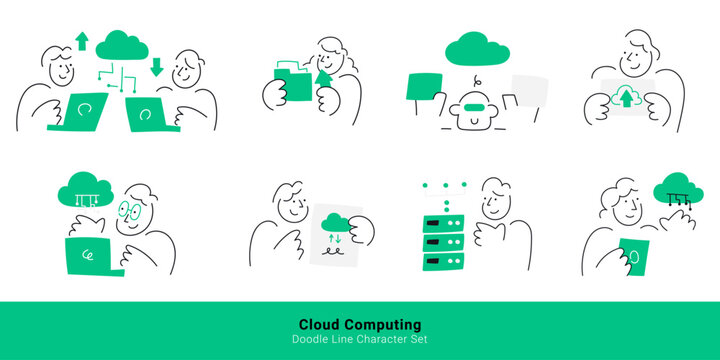 Cloud computing concept. Doodle line character set illustrating data upload, download, storage, server and network connection themes.
