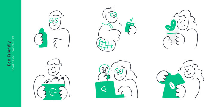 Eco friendly concept. Doodle line character set illustrating recycling, reusable products, plant care and sustainable lifestyle themes.