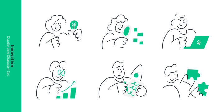 Innovation concept. Doodle line character set illustrating idea, growth, startup rocket launch, puzzle solution and laptop themes.