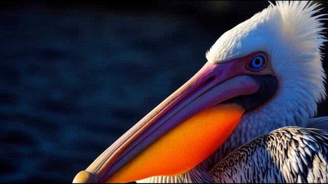 Pelican Bird Portrait with Orange Beak, Vivid Plumage and White Feather Detail Beside Dark Water