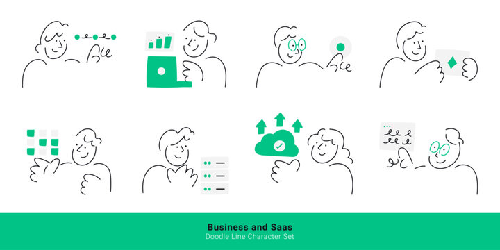 Business and SaaS concept. Doodle line character set illustrating data, cloud, database, teamwork and workflow management themes.