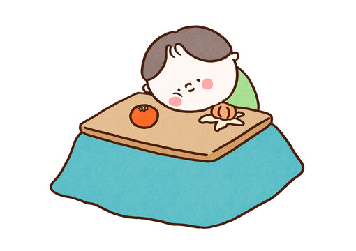 Man dozing off while eating a mandarin orange at a kotatsu, relaxing japanese new year holiday concept