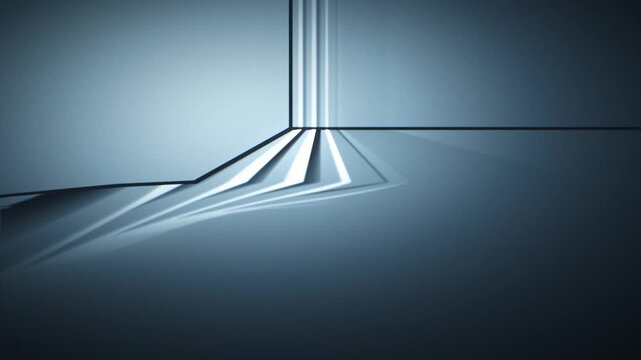 Minimal gradient 3d loop animation of an abstract architectural corner with sharp light beams and long shadows. Clean monochrome blue tone with soft vignette aesthetic.
