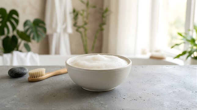 White facial foam in a ceramic bowl with brush in a spa bathroom setting