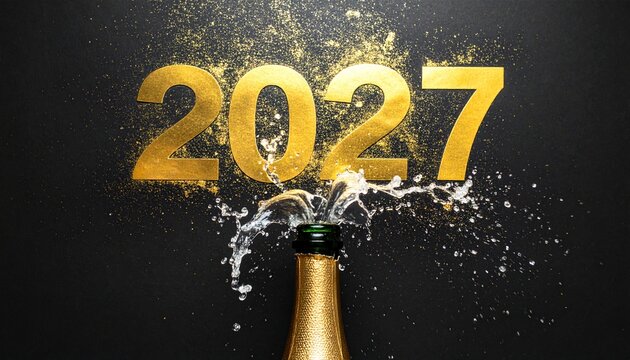 Champagne Bottle Opening with Sparkling Spray Splash and Golden 2027 Typography on Dark Background Symbolizing Happy New Year 2027 Celebration, Luxury Party, and Festive Toast