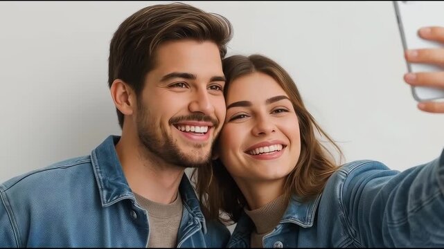 Young Adult Couple Using Mobile Phone for Smiling Selfie Indoors in Denim Clothing