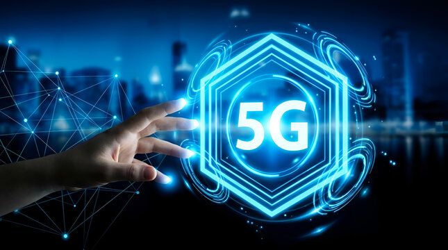 Futuristic hand touching 5G network interface with high speed mobile internet connection and digital city background technology concept