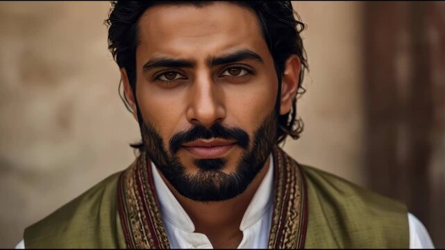 Bearded Middle Eastern Man in Traditional Clothing with Serious Thoughtful Expression