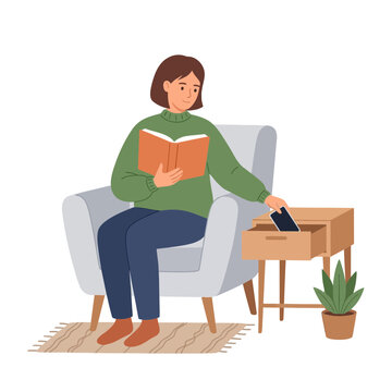 Woman reading a book and putting smartphone in drawer for digital detox in armchair illustration
