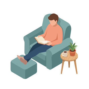 Young man relaxing at home sitting in cozy armchair reading book isometric vector illustration