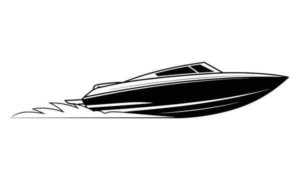 Sleek minimalist speedboat illustration racing through water creating waves with dynamic speed and power on a white backdrop.