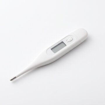 White plastic digital medical thermometer with a silver metal tip, isolated on a white background