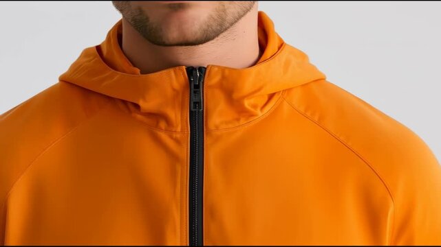 Orange Hooded Jacket with Zipper on Cropped Male Torso for Clothing Outerwear Display