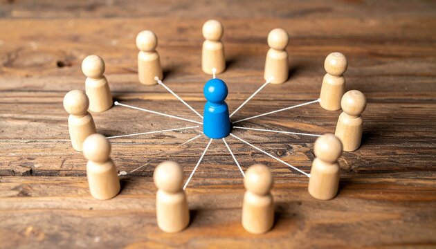 Single Blue Wooden Peg Figure Standing at the Center Connected to Outer Wooden People Figurines on Rustic Wood Surface Symbolizing Central Leadership, Business Networking, Team Coordination, and Socia