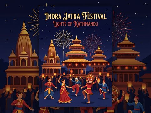 Indra jatra festival illustration with traditional newari architecture, dancers in masks and costumes, and glowing lanterns under a night sky with fireworks