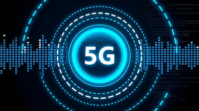 Futuristic 5G network concept with dynamic data waves and vibrant blue light