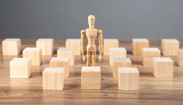 Wooden Artist Mannequin Standing Upright on Raised Block Among Grid Array of Blank Wooden Cubes Symbolizing Standing Out, Leadership Elevation, Individuality, and Unique Success