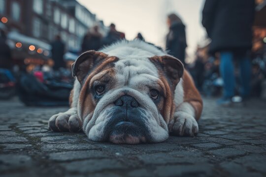 An endearing English bulldog lies patiently on cobblestones, its wrinkles and droopy face capturing the breed's distinct charm, while people walk by in the background