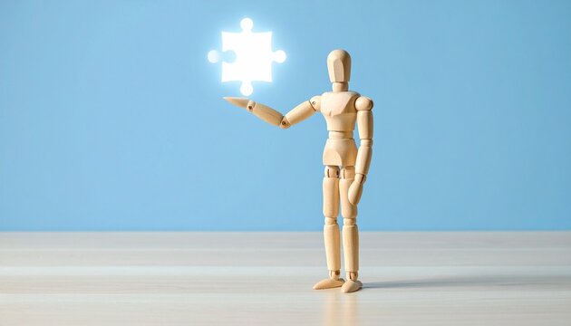 Wooden Artist Mannequin Holding Glowing White Jigsaw Puzzle Piece on Blue Background Symbolizing Strategic Solution, Final Piece, Innovation, and Problem Solving