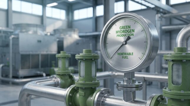 Renewable Hydrogen Production: Green hydrogen plant producing renewable fuel in an industrial facility 