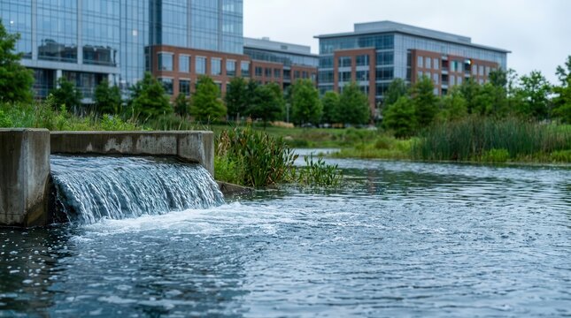 Stormwater Management: Retention basin managing heavy rainfall within an urban landscape 