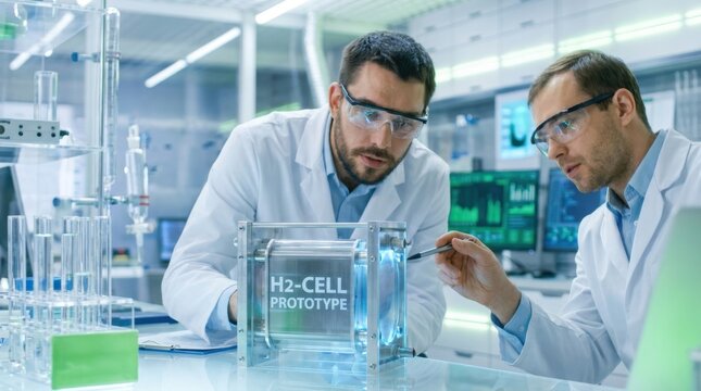 Clean Technology Development: Clean energy engineers developing hydrogen technology in a renewable research facility 