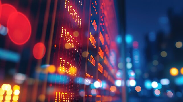 Abstract close‑up shot of digital stock ticker data display screen, glowing red‑yellow numbers and symbols including binary and numeric sequences, side viewing angle with extremely shallow depth of fi