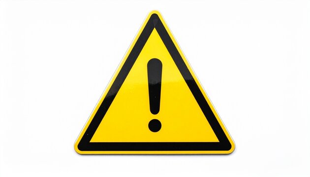 Yellow Triangular Warning Sign with Black Exclamation Mark Isolated on Plain White Background Symbolizing Caution, Risk Awareness, Safety Alert, and Hazard Identification