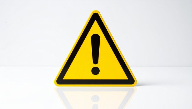 Yellow Triangular Warning Sign with Black Exclamation Mark Isolated on Plain White Background Symbolizing Caution, Risk Awareness, Safety Alert, and Hazard Identification