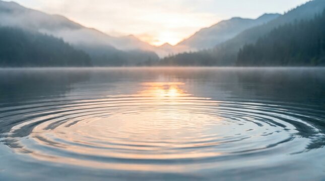 Peaceful Wilderness: Tranquil lake reflecting sunrise across a mountain landscape 