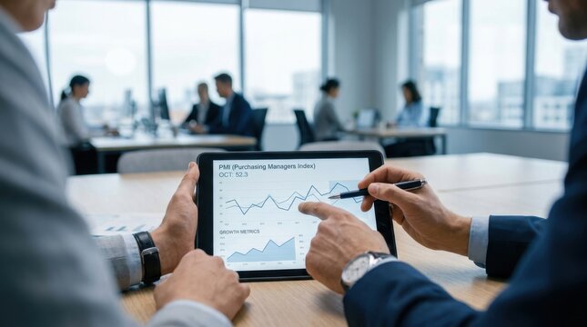 Purchasing Managers Index Economic Insight: Business executives analyzing PMI data and performance metrics