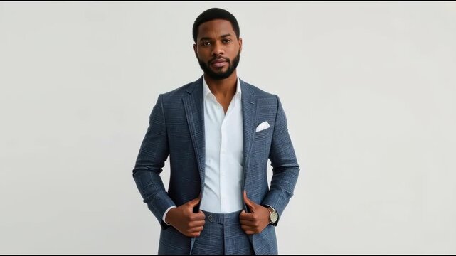 Black Man in Tailored Suit and White Shirt Against Neutral Background Posing Confidently