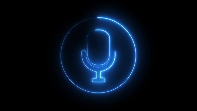 Neon microphone sign icon animation glowing blue color audio voice record studio streaming audience music talk show sign symbol