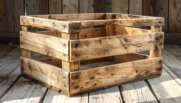 Empty Rectangular Wooden Crate Made of Weathered Planks Resting on Wooden Floor Against Rustic Wood Background Symbolizing Farmhouse Storage, Vintage Packaging, and Natural Storage Solutions