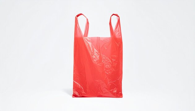 Single Red Plastic Shopping Bag Standing Upright Isolated on Plain White Background Symbolizing Single Use Plastic, Consumer Retail, Environmental Waste, and Packaging Mockup