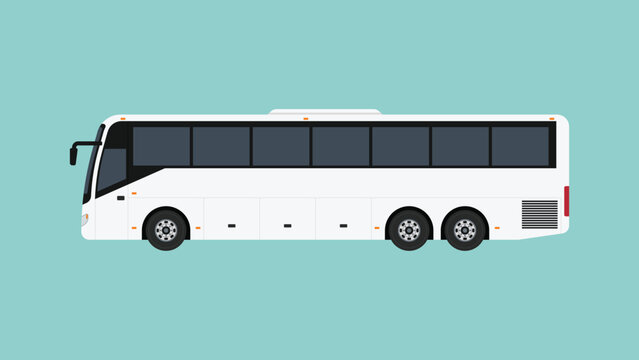 Modern coach bus side view with large passenger windows and luggage compartments for long distance travel and intercity transportation, flat vector illustration